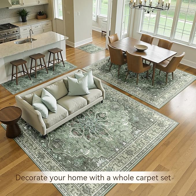 RELEANY Area Rugs 5'x8' Washable Non-Slip, Floral Vintage Distress Print Pattern Medallion Carpet for Living Room Bedroom Dining Room, Dark Green Gray