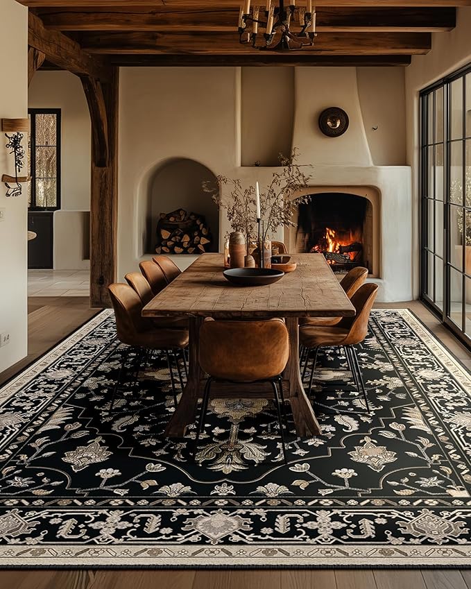 RELEANY Area Rugs 9'x12' Washable Non-Slip, Floral Vintage Distress Print Pattern Medallion Carpet for Living Room Bedroom Dining Room, Black Brown Neutral Dark Tan