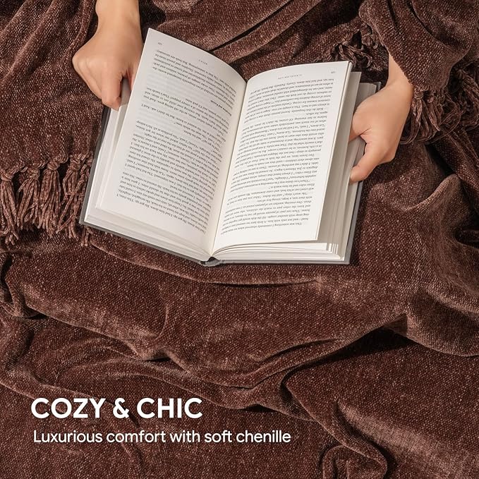 RECYCO Throw Blanket Soft Cozy Chenille Throw Blanket with Fringe Tassel for Couch Sofa Chair Bed Living Room Gift(Brown, 50'' x 60'')