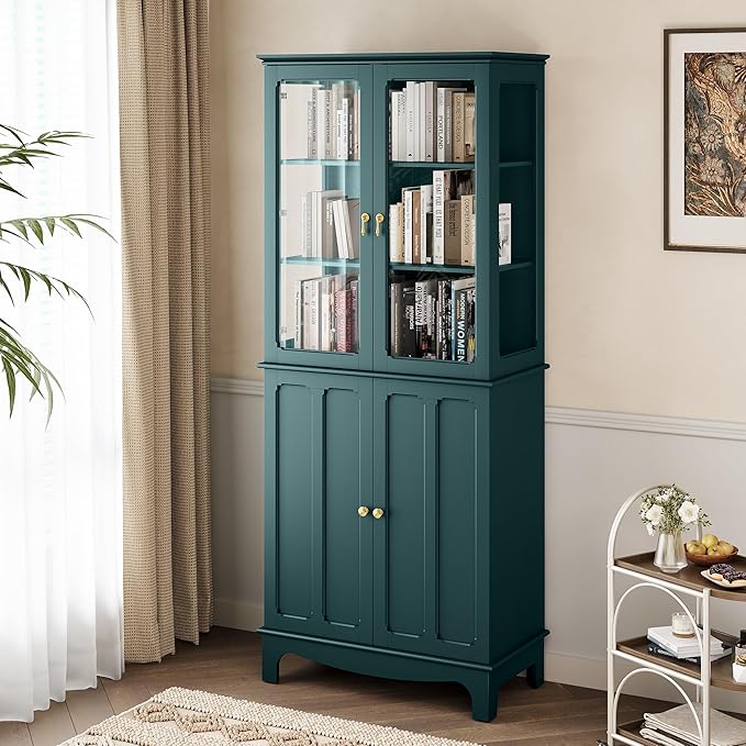 72" Tall Kitchen Pantry Cabinet with Glass Door and Adjustable Shelves, Vintage Food Storage Cabinet for Kitchen, Dining Room, Living Room, Teal