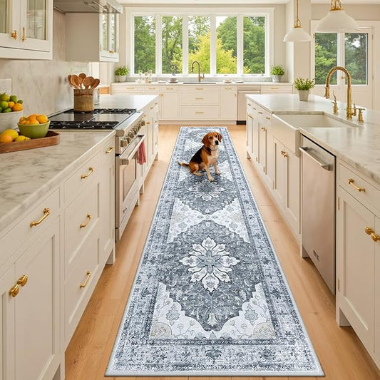 RELEANY Area Rugs 3'x10' Runner Rug Non Slip Washable for Kitchen Hallway Bedroom Beside Laundry Room Bathroom Rug, Floor Carpet, Light Gray Grey White