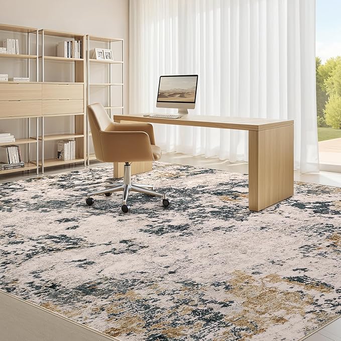 Area Rugs for Living Room: 5x8 Abstract Washable Rug Modern Neutral Large Soft Stain Resistant Non-Slip Backing Machine Table for Bedroom Dining Room Indoor Home Office Carpet - Grey Gold