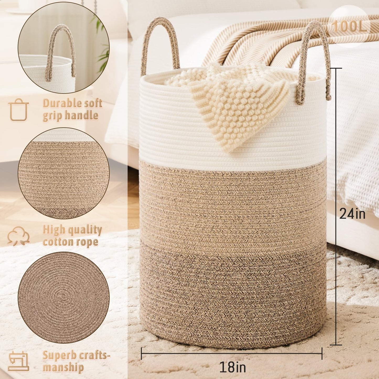 Laundry Basket,Woven Cotton Rope Laundry Hamper,100L for Decorative Storage of Dirty Clothes,Toys and Blankets in Bathroom,Bedroom and Living Room