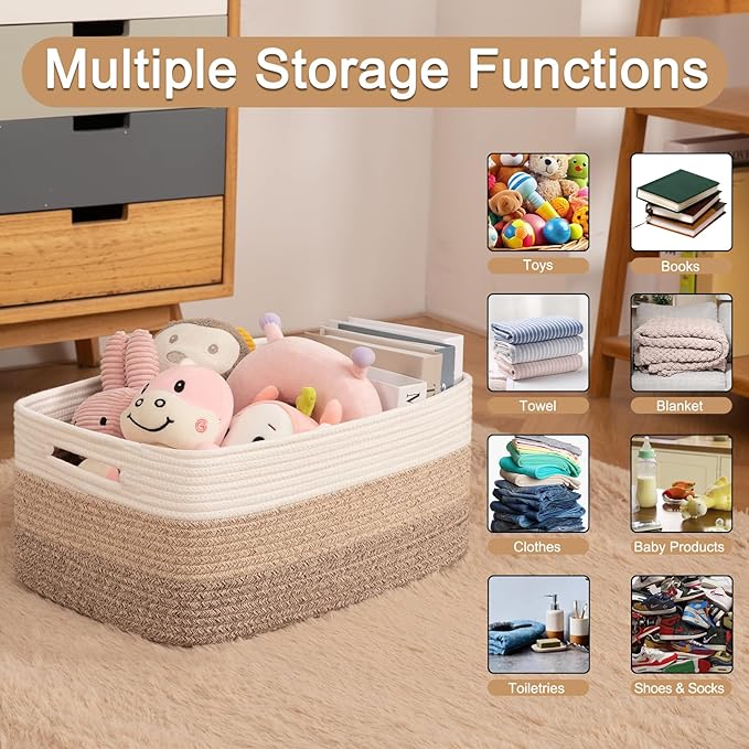 OIASKET Large Storage Basket for Organizing, Woven Rope Basket for Shelves, Closet Organizer Bins for Clothes, Blanket, Toys, Baby Nursery Storage, 17.7" x 13" x 7.87", 4 Packs Gradient Yellow