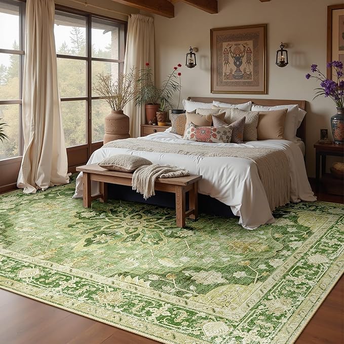 RELEANY Area Rugs 10'x12' Washable Non-Slip, Floral Vintage Distress Print Pattern Medallion Carpet for Living Room Bedroom Dining Room, Sage Green Yellow