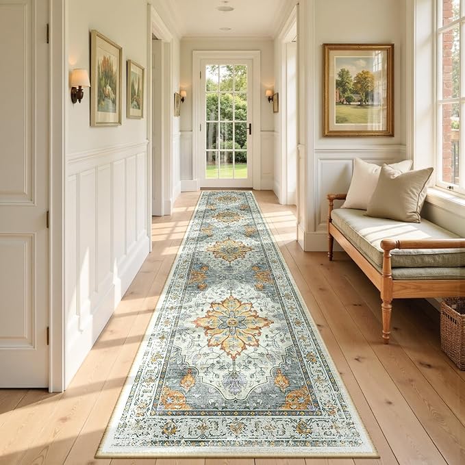 RELEANY Area Rugs 2'6''x12' Runner Rug Non Slip Washable for Kitchen Hallway Bedroom Beside Laundry Room Bathroom Rug, Floor Carpet, Light Yellow Carbon Grey Orange