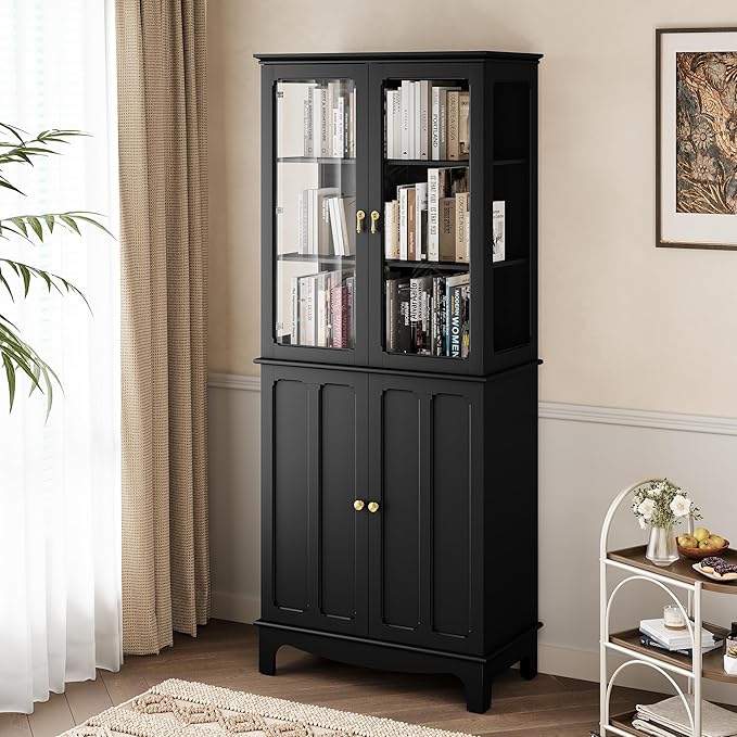 72" Tall Kitchen Pantry Cabinet with Glass Door and Adjustable Shelves, Vintage Food Storage Cabinet for Kitchen, Dining Room, Living Room, Black