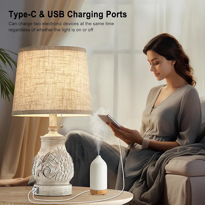 19.5'' Farmhouse Table Lamps for Bedrooms Set of 2 Vintage Bedside Lamps for Nightstand with USB Charging Ports Traditional Rusic Side Table Lamps for Living Room Wooden Carved Floral, Pull Chain
