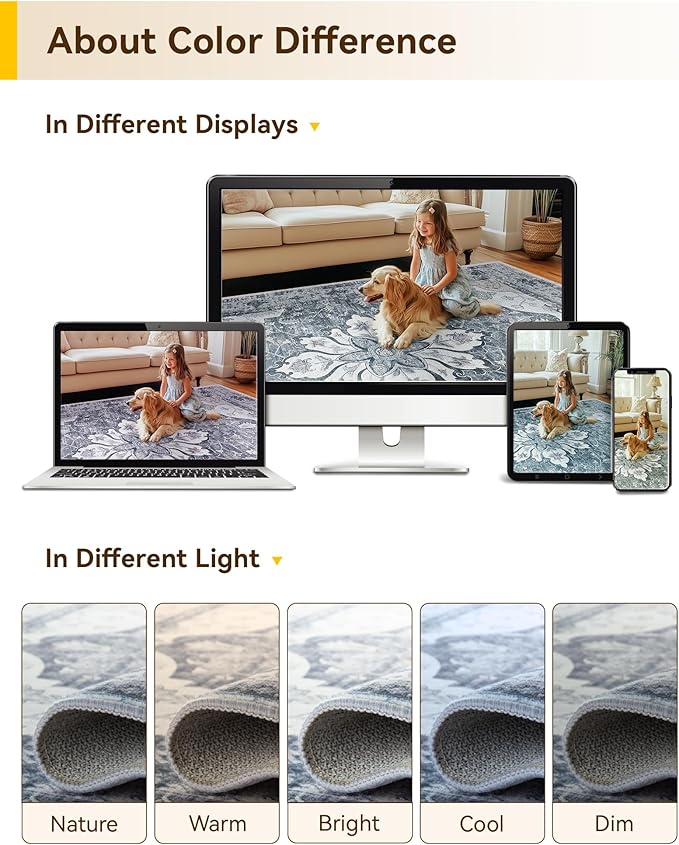 RELEANY Area Rugs 8'x10' Washable Non-Slip, Floral Vintage Distress Print Pattern Medallion Carpet for Living Room Bedroom Dining Room, Light Gray Grey White