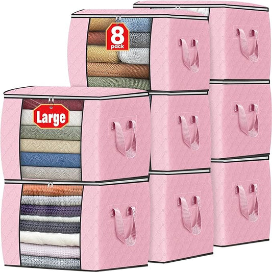 Fab totes 24 Gallons Clothes Storage, Foldable Thick Fabric Blanket Storage Bags, Containers for Organizing Bedroom, Closet, Clothing, Comforter, Organization with Handle (8 Pack,Pink)