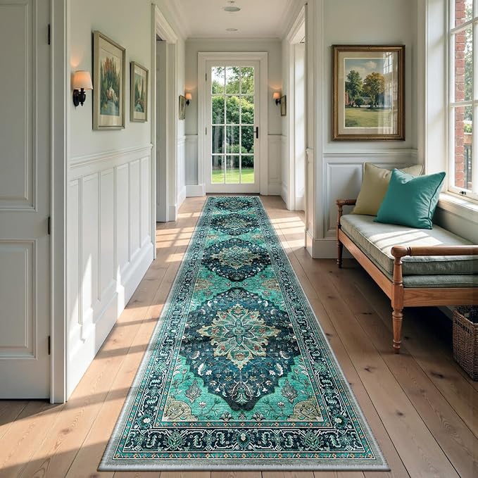 RELEANY Area Rugs 3'x12' Runner Rug Non Slip Washable for Kitchen Hallway Bedroom Beside Laundry Room Bathroom Rug, Floor Carpet, Teal Green Lake Blue Turquoise