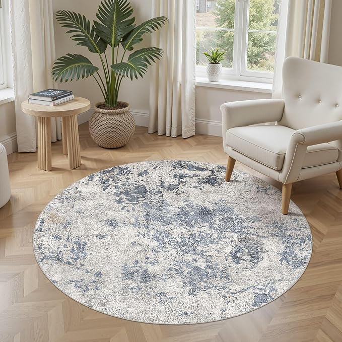 5ft Round Area Rugs for Living Room: 5x5 Abstract Washable Rug Modern Large Soft Stain Resistant Non-Slip Backing Machine Table for Bedroom Dining Room Indoor Home Office Carpet - Blue Brown