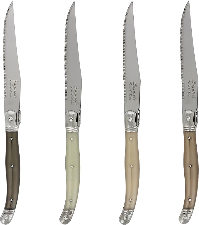 French Home Laguiole 4-Piece Steak Knife Set – Sophisticated Stainless Steel Dinner Knives with Handles of Neutral Tones & Iconic Bee Emblem – Serrated Knives for Smooth Cutting (9.25")