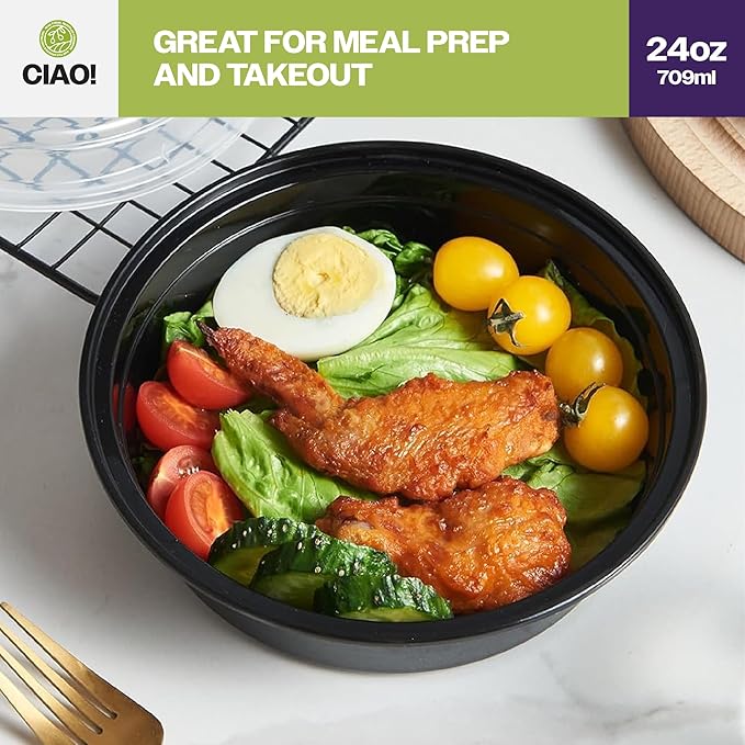 CIAO! 24oz Heavy Weight Injection Molded Microwavable Black Round Food Container with Lid (150/case)