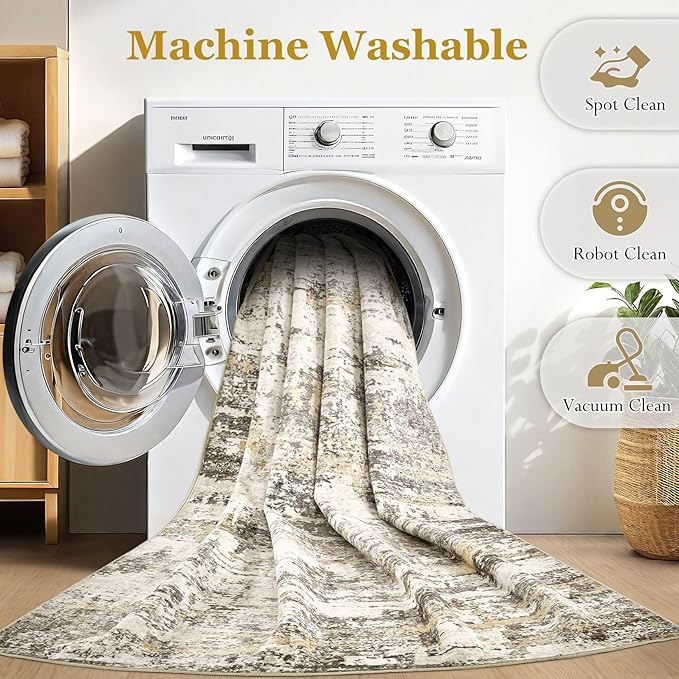 8ft Round Area Rugs for Living Room: 8x8 Abstract Washable Rug Modern Large Soft Stain Resistant Non-Slip Backing Machine Table for Bedroom Dining Room Indoor Home Office Carpet - Gold Brown