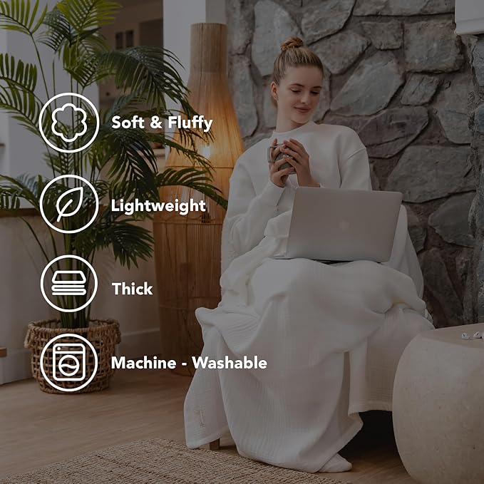 Goqan Muslin Blanket King Size 90x108 – 100% Turkish Cotton 4 Layer Boho Muslin Blanket for Adults, Four Season, Lightweight and Thin, Soft, Breathable for Bed, Couch - White