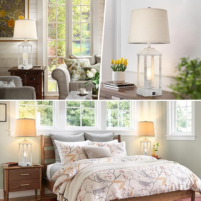 28" Farmhouse Table Lamps for Living Room Set of 2, 3-Way Dimmable Bedside Lamp with USB Ports, White Rustic Touch Control Nightstand Lamps for Bedroom, Modern Desk Lamp for Office, 4 Bulbs Included