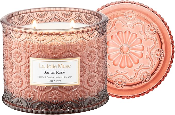 LA JOLIE MUSE Santal Rosé Candle - Saffron, Rose, Patchouli | 12 oz Large 2-Wick Soy Wax Candle | 60 Hours Clean Burn | Valentines Day Gifts for Her | Elegant Home Décor