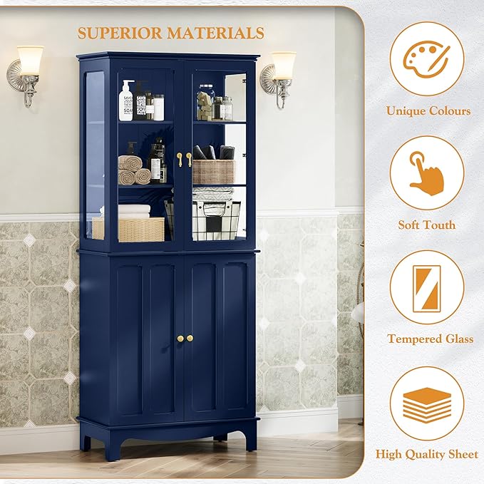 72" Tall Kitchen Pantry Cabinet with Glass Door and Adjustable Shelves, Vintage Food Storage Cabinet for Kitchen, Dining Room, Living Room, Dark Blue