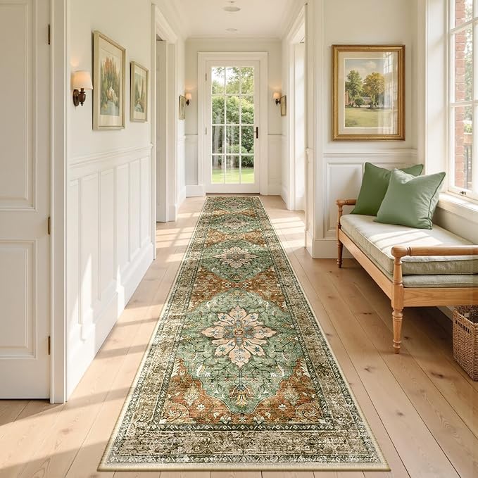 RELEANY Area Rugs 3'x12' Runner Rug Non Slip Washable for Kitchen Hallway Bedroom Beside Laundry Room Bathroom Rug, Floor Carpet, Brick Red Rust Neutral Brown Burnt Orange Green