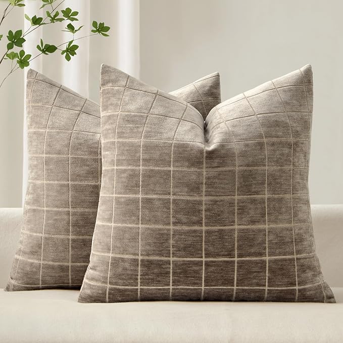 MIULEE Decorative Chenille Check Throw Pillow Covers Vintage Plaid Couch Pillows 20x20 Inch Set of 2 Neutral Boho Farmhouse Cushion Covers Modern Spring Home Decor for Sofa Bed Living Room Taupe Grey