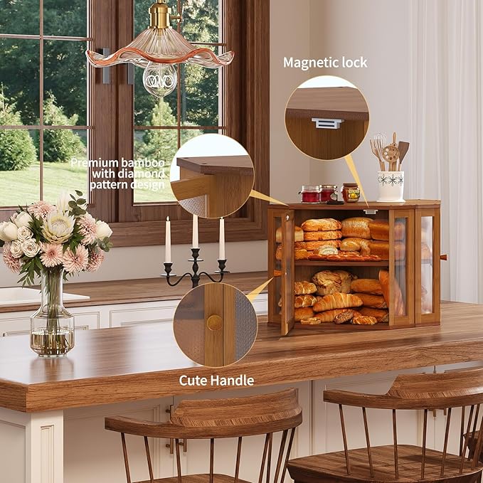 Corner Bread Box for Kitchen Countertop,Bread Storage for Homemade Bread, Double Layer Large Bamboo Kitchen Storage Bin with Window (Brown, Medium)
