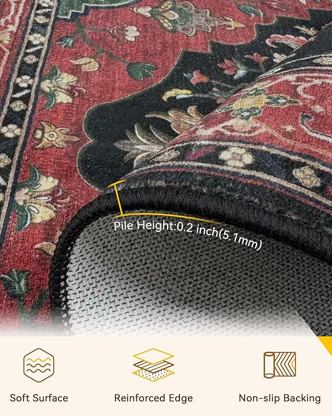 RELEANY Area Rugs Round 6ft Washable Non-Slip, Floral Vintage Distress Print Pattern Medallion Carpet for Living Room Bedroom Dining Room, Red Black