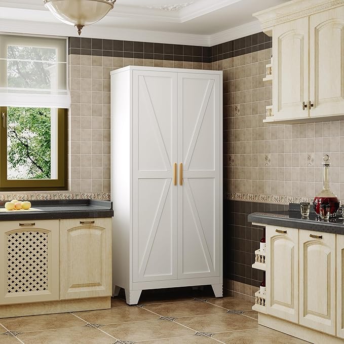 71" Storage Cabinet with Doors and Shelves, Tall Freestanding Pantry Cabinet in White with 2 Doors & 4 Adjustable Shelves, All-Steel Farmhouse Cupboard for Kitchen, Garage, Laundry Room