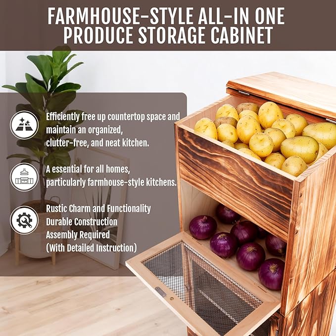 Large Potato and Onion Storage Bin - Wooden Stackable Bread Storage Box with Lid & Mesh Doors, Decorative Fruit and Vegetable Organization Cabinet for Kitchen, 15.75"W x 10.7"D x 33.5"H (Rustic Color)