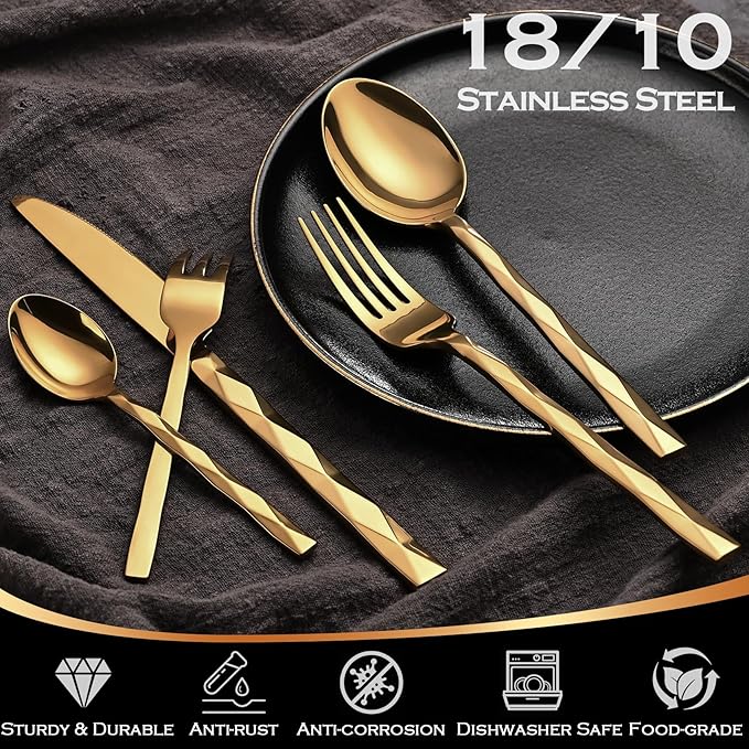 Gold Silverware Set, Luxury 20-Piece Flatware Set for 4, Cutlery Set Stainless Steel, Diamond Cut Pattern, Home, Wedding & Party, 18/10 Stainless Steel Tablewaret & Dishwasher Safe Utensils.