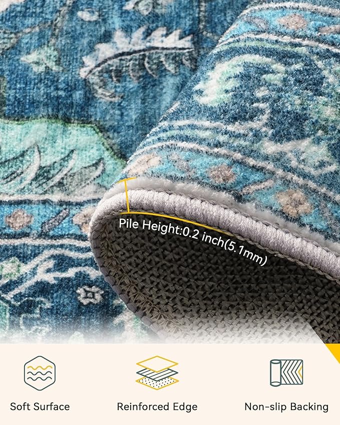 RELEANY Area Rugs 10'x14' Washable Non-Slip, Floral Vintage Distress Print Pattern Medallion Carpet for Living Room Bedroom Dining Room, Teal Green Lake Blue Turquoise