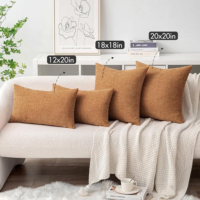 MIULEE Pack of 2 Brown Throw Pillow Covers 12x20 Inch Soft Chenille Pillow Covers for Sofa Living Room Couch Solid Dyed Cases