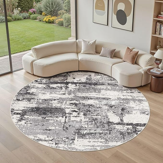 8ft Round Area Rugs for Living Room: 8x8 Abstract Washable Rug Modern Large Soft Stain Resistant Non-Slip Backing Machine Table for Bedroom Dining Room Indoor Home Office Carpet - Black Grey