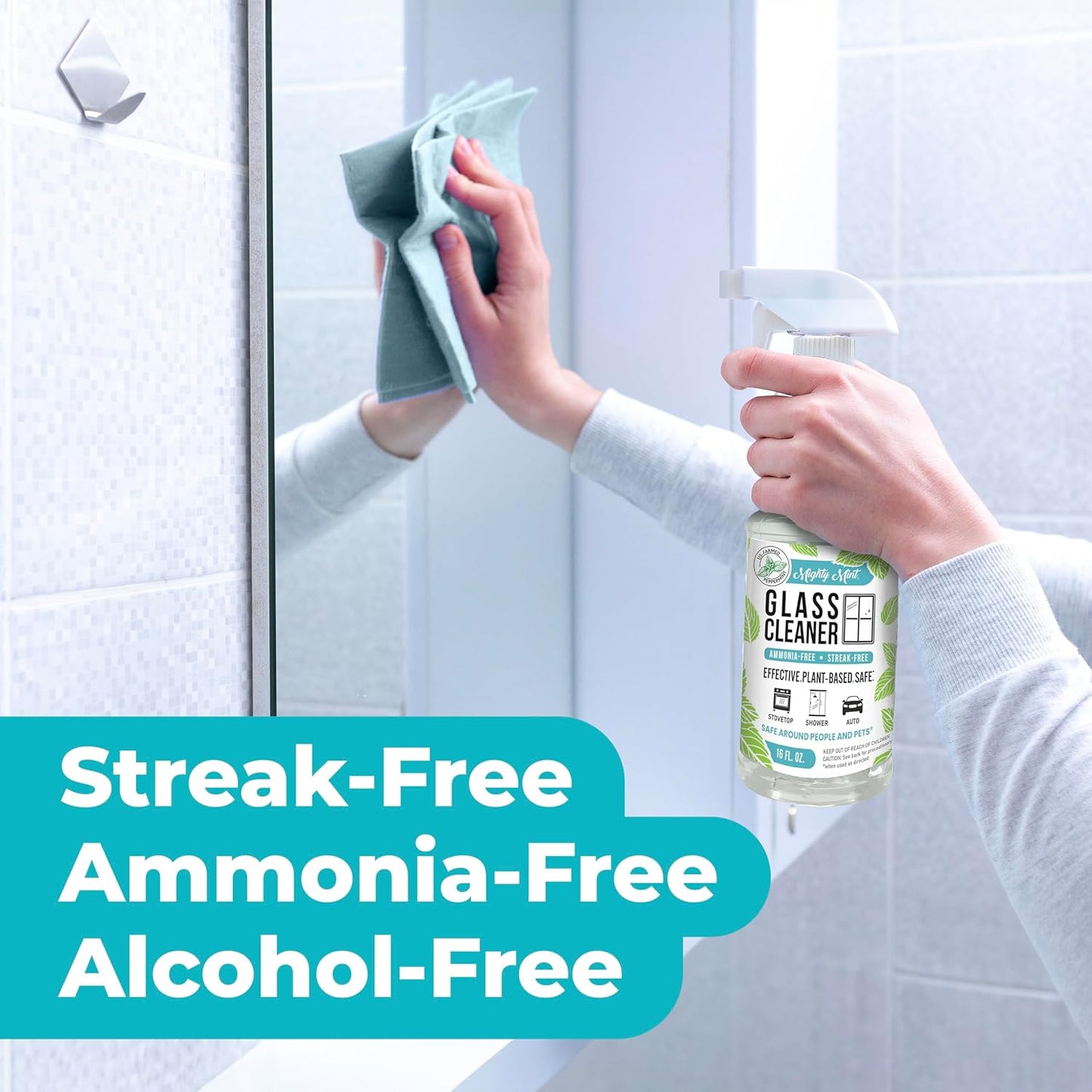 Mighty Mint Glass Cleaner, Ammonia-Free, Streak-Free Spray for Windows, Screens, Stovetop, Bathroom, Natural Peppermint Scent, 16oz (Pack of 2)