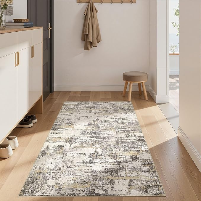 Hallway Washable Runner Rug: 3x5 Abstract Modern Soft Stain Resistant Non-Slip Backing Runner for for Entryway Kitchen Laundry Living Bathroom - Gold Brown