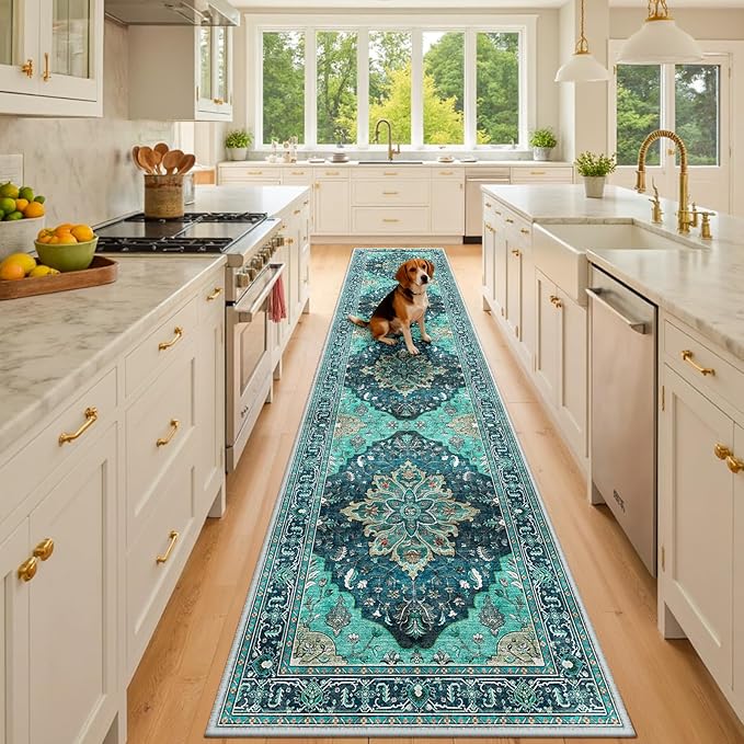 RELEANY Area Rugs 3'x10' Runner Rug Non Slip Washable for Kitchen Hallway Bedroom Beside Laundry Room Bathroom Rug, Floor Carpet, Teal Green Lake Blue Turquoise