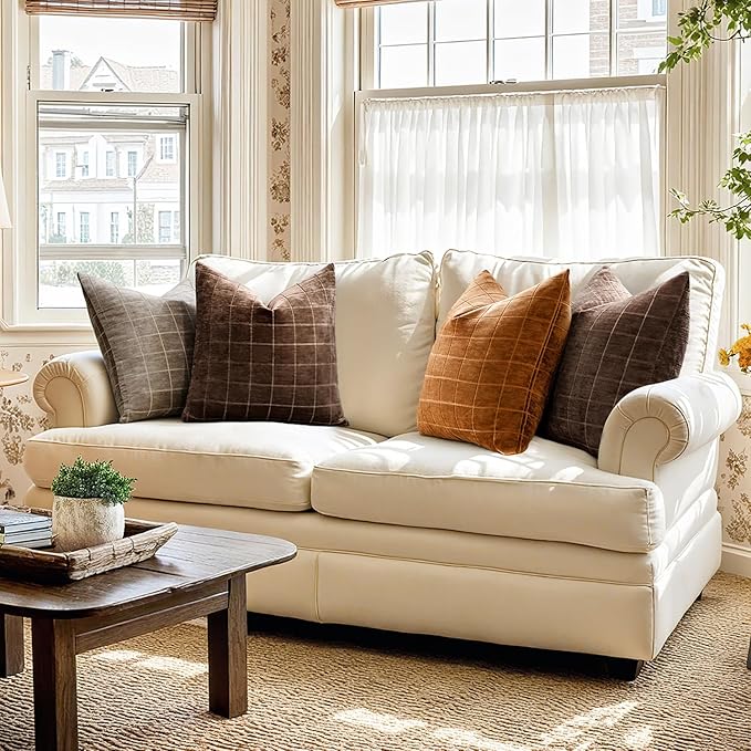 MIULEE Decorative Chenille Check Throw Pillow Covers Vintage Plaid Couch Pillows 18x18 Inch Set of 2 Neutral Boho Farmhouse Cushion Covers Modern Spring Home Decor for Sofa Bed Living Room Bronze