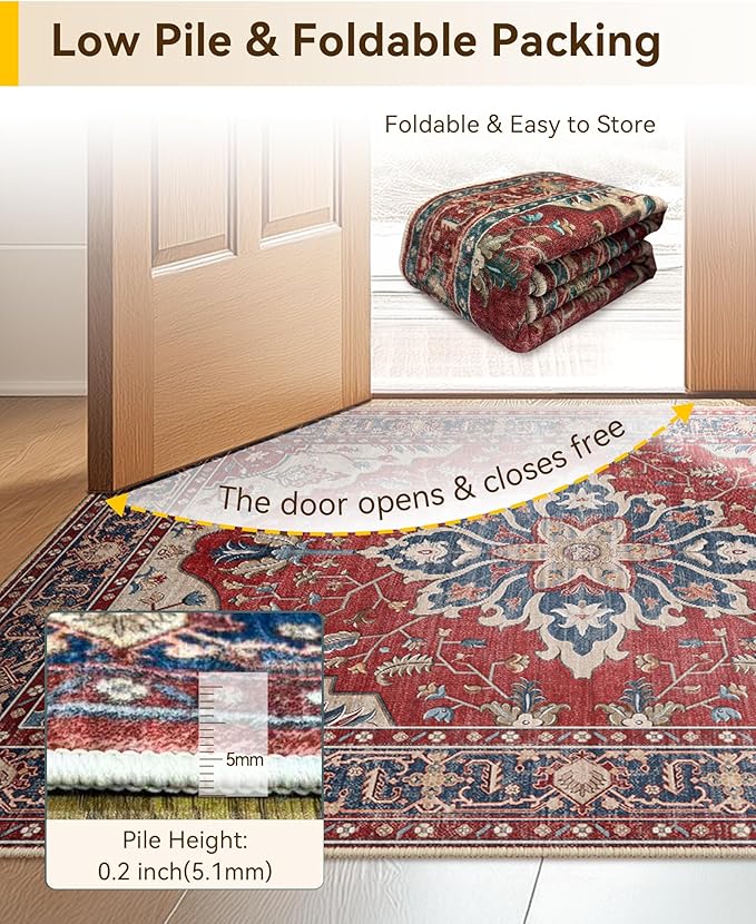 RELEANY Area Rugs 3'x5' Washable Non-Slip, Floral Vintage Distress Print Pattern Medallion Carpet for Living Room Bedroom Dining Room, Red Blue