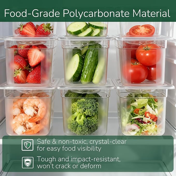 6 Pack food Pans with Lids 1/6 Size, Commercial Food-grade material, Impact-resistant and shockproof, For Salad Bars, Hot Deli Items & Dessert Toppings, Prep Table & Refrigerator Friendly