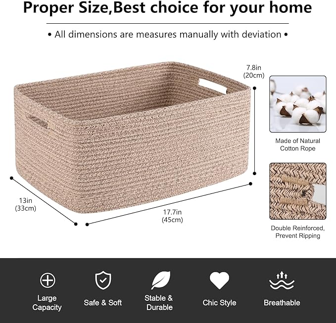 OIASKET Large Storage Basket for Organizing, Woven Rope Basket for Shelves, Closet Organizer Bins for Clothes, Blanket, Toys, Baby Nursery Storage, 17.7" x 13" x 7.87", 2 Packs Brown
