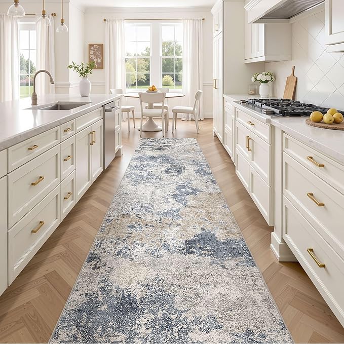 Hallway Washable Runner Rug: 3x14 Abstract Modern Soft Stain Resistant Non-Slip Backing Runner for for Entryway Kitchen Laundry - Blue Brown