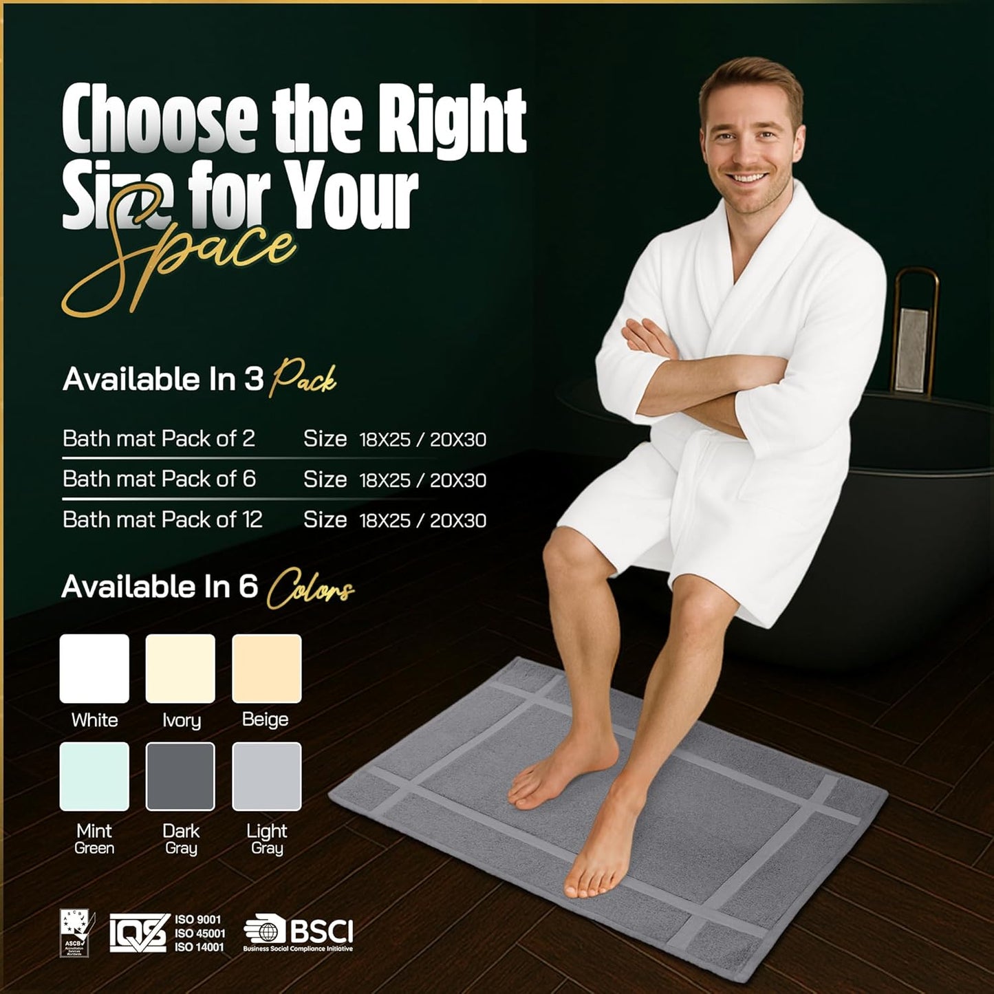 Pearl Linens Pack of 6 Washable Cotton Bath Mat 18x25 - Soft & Absorbent Quick Dry Bathroom Mat Set, Not Bathroom Rugs After Shower Mat, Terry Bath Tub Mat, 687 GSM Light Grey