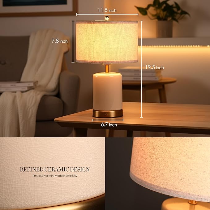 O’Bright Dune - Battery Powered Table Lamp, Rechargeable Cordless Ceramic Lamp, Full-Size 19.5 Inch Height, Dimmable, Smart Safety Protection, Type-C Fast Charging, LED Bulb Included, Cream White