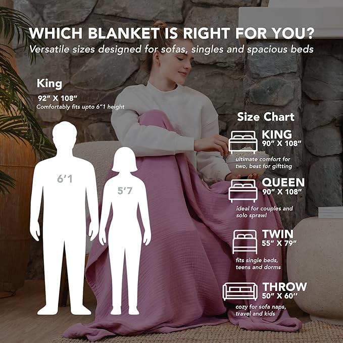 Goqan Muslin Blanket Twin 55x79 – 100% Turkish Cotton 4 Layer Boho Muslin Blanket for Adults, Four Season, Lightweight and Thin, Soft, Breathable, for Bed, Couch - Pink