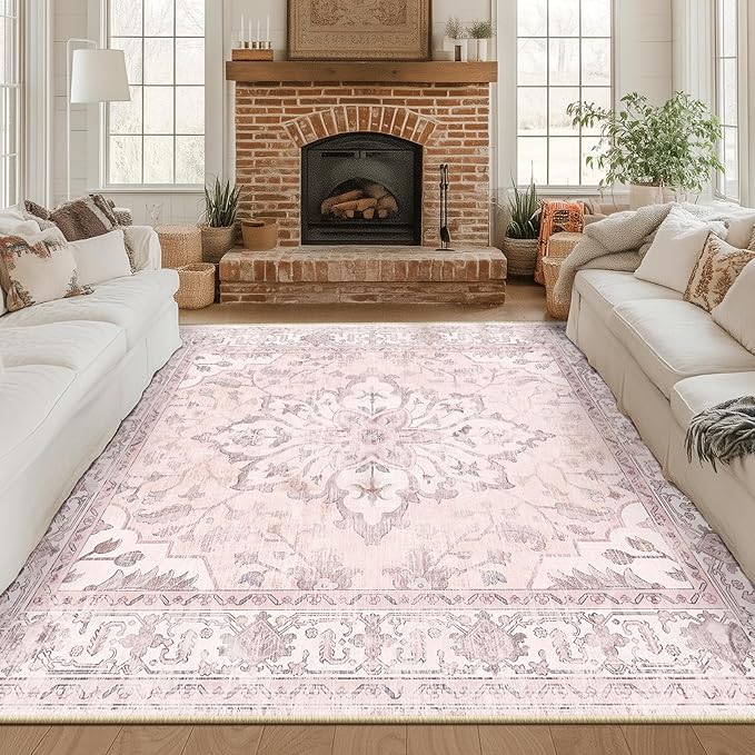 RELEANY Area Rugs Square 8ft Washable Non-Slip, Floral Vintage Distress Print Pattern Medallion Carpet for Living Room Bedroom Dining Room, Pink Greypink Cute