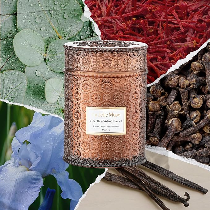 LA JOLIE MUSE Hearth & Velvet Flames Candle – Saffron, Clove & Vanilla | 19 oz Large Wooden Wick Soy Candle | 90 Hours Clean Burn | Gift-Ready for Any Occasion | Elegant Home Décor