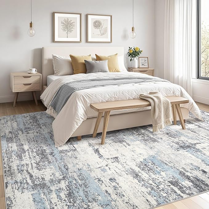 Area Rugs for Living Room: 10x14 Abstract Washable Rug Modern Neutral Large Soft Stain Resistant Non-Slip Backing Machine Table for Bedroom Dining Room Indoor Home Office Carpet - Blue Grey