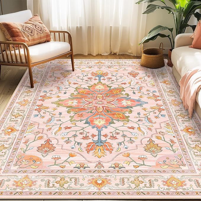RELEANY Area Rugs 5'x7' Washable Non-Slip, Floral Vintage Distress Print Pattern Medallion Carpet for Living Room Bedroom Dining Room, Light Pink Colorful