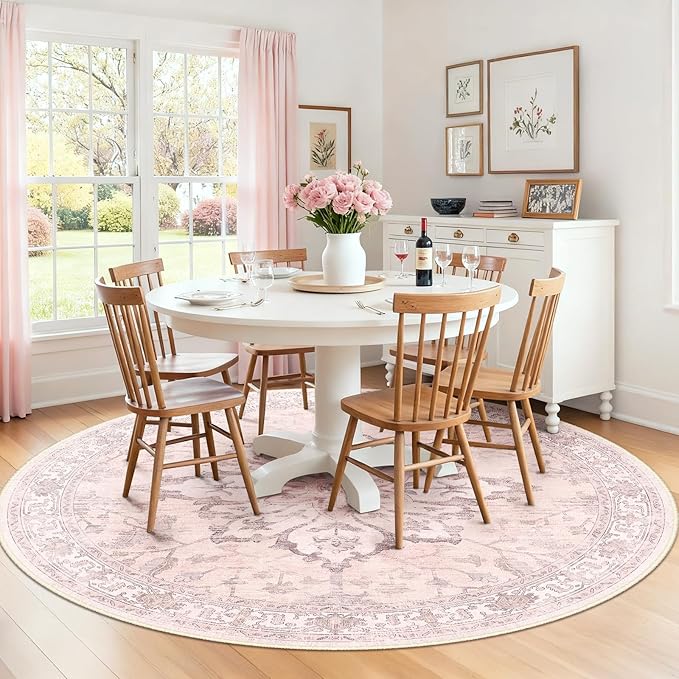 RELEANY Area Rugs 8ft Washable Non-Slip, Floral Vintage Distress Print Pattern Medallion Carpet for Living Room Bedroom Dining Room, Pink Greypink Cute
