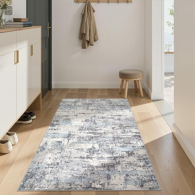 Hallway Washable Runner Rug: 3x5 Abstract Modern Soft Stain Resistant Non-Slip Backing Runner for for Entryway Kitchen Laundry Living Bathroom - Blue Grey